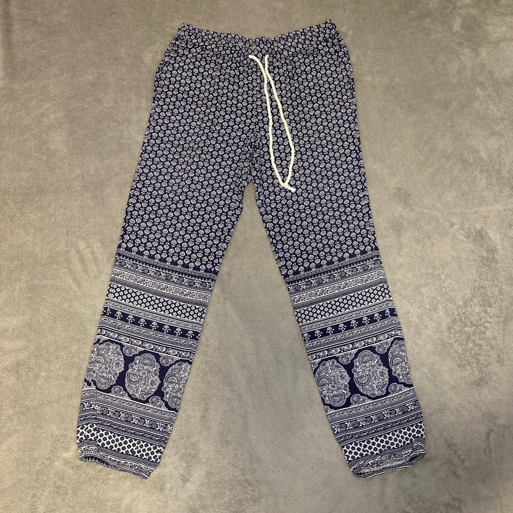 Roxy Sweet Sea Beach Pant Indigo Border Print Small Boho Floral Harem Small